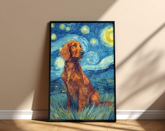 Cuadro de perro setter irlandés en la noche estrellada, póster imprimible para pared, diseño digital conmemorativo de descarga instantánea, regalo para mamá y papá para el Día de la Adopción de una Mascota.