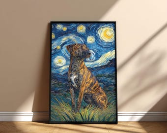 Cuadro de Treeing Tennessee Brindle Dog Starness Night, póster imprimible para pared, arte conmemorativo, diseño digital de descarga instantánea, regalo para el Día de la Adopción