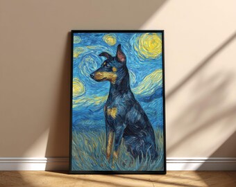 Cuadro de perro Manchester Terrier en la noche estrellada, póster imprimible para pared, arte conmemorativo, diseño digital, descarga instantánea, Día de la Adopción, Mamá y Papá