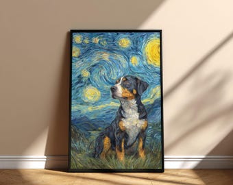 Cuadro de la Noche Estrellada del Perro de Montaña de Entlebucher, Póster Imprimible para Pared, Arte Conmemorativo, Diseño Digital, Descarga Instantánea, Día de la Adopción de Mamá y Papá