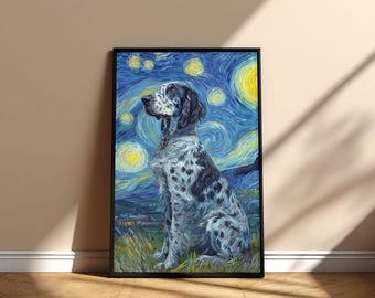 Cuadro de perro setter inglés Noche estrellada Arte de pared Póster imprimible, Arte conmemorativo Diseño digital Descarga, Día de la Adopción Mamá Papá