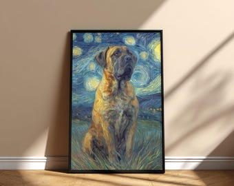 Cuadro de perro mastín en la noche estrellada, póster imprimible para pared, arte conmemorativo, diseño digital de descarga instantánea, regalo para mamá y papá en el Día de la Adopción.