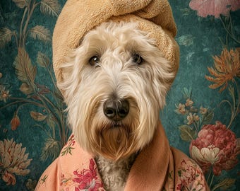 Soft Coated Wheaten Terrier in Bathrobe Poster, Funny Dog Wall Art, Elegant Pet Portrait, Vintage Floral Dog Art, Printable Digital Download