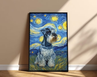 Cuadro de perro Cesky Terrier con la noche estrellada, póster imprimible para pared, arte conmemorativo, diseño digital de descarga instantánea, regalo para mamá y papá en el Día de la Adopción