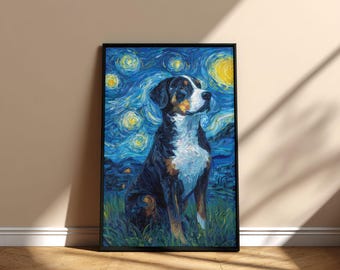 Póster imprimible de la pintura "Noche estrellada" del Gran Boyero Suizo, diseño digital conmemorativo de descarga instantánea, regalo para mascotas del Día de la Adopción