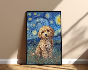 Póster imprimible de arte mural con diseño de perro Cavapoo en la noche estrellada, diseño digital conmemorativo de descarga instantánea, regalo para mamá y papá en el Día de la Adopción