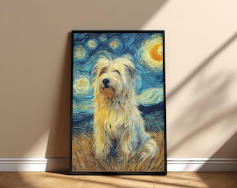 Póster imprimible de arte mural con diseño de perro pastor catalán y la noche estrellada, diseño digital de arte conmemorativo de descarga instantánea, regalo para mamá y papá en el Día de la Adopción