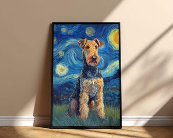 Póster imprimible de arte mural con pintura de perro Airedale Terrier en la noche estrellada, descarga de diseño digital de arte conmemorativo, Día de la Adopción de Mamá y Papá