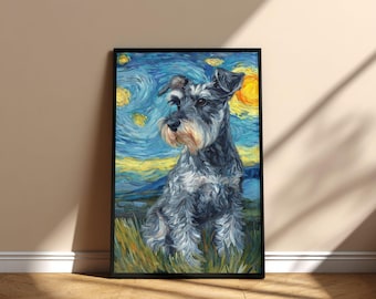 Póster imprimible de pintura de la noche estrellada con perro Schnauzer miniatura, diseño digital conmemorativo de descarga instantánea, regalo del Día de la Adopción para mamá y papá.