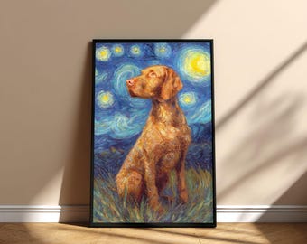Cuadro de Vizsla de pelo duro con la imagen de la noche estrellada, póster imprimible para pared, diseño digital conmemorativo de descarga instantánea, regalo para mamá y papá en el día de la adopción de tu mascota.