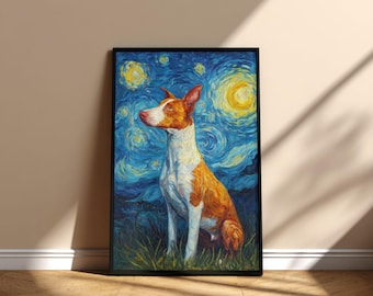 Cuadro de perro podenco ibicenco en la noche estrellada, póster imprimible para pared, diseño digital conmemorativo de descarga instantánea, regalo para mamá y papá para el Día de la Adopción de Mascotas.