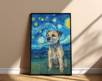 Cuadro de perro Border Terrier en la noche estrellada, póster imprimible para pared, arte conmemorativo, diseño digital para descargar, regalo para mamá y papá en el día de la adopción.