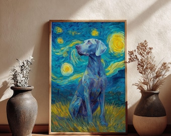 Cuadro de Weimaraner con la imagen de la noche estrellada, póster imprimible para pared, diseño digital conmemorativo de descarga instantánea, regalo para mamá y papá para el Día de la Adopción de una Mascota.