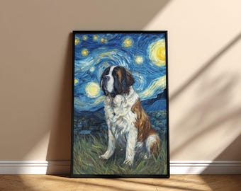 Cuadro de San Bernardo con la Noche Estrellada, Póster imprimible para pared, Arte conmemorativo, Diseño digital, Descarga instantánea, Día de la Adopción, Mamá y Papá