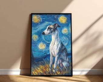 Póster imprimible de arte mural con diseño de perro Whippet en la noche estrellada, diseño digital conmemorativo de descarga instantánea, regalo para mamá y papá en el Día de la Adopción