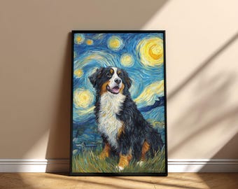 Póster imprimible de arte mural con pintura de perro de montaña bernés en la noche estrellada, diseño digital de arte conmemorativo de descarga instantánea, regalo para mamá y papá en el día de la adopción