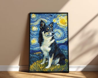 Póster imprimible de la pintura "Noche estrellada" de un perro pastor lapón, arte conmemorativo, diseño digital de descarga instantánea, regalo para mamá y papá en el Día de la Adopción.
