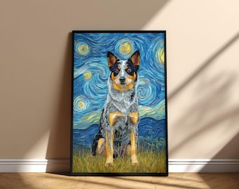 Koolie Dog Cuadro Noche Estrellada Arte de Pared Póster Imprimible, Diseño Digital Conmemorativo Descarga Instantánea, Regalo para Mascotas Día de la Adopción Idea para Mamá y Papá