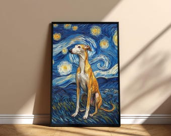 Póster imprimible de pintura de la noche estrellada de un perro galgo de Rampur, diseño digital conmemorativo de descarga instantánea, regalo del Día de la Adopción para mamá y papá