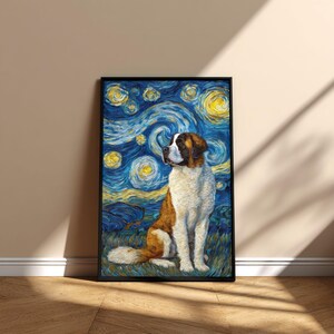 May include: Framed art print depicting a Saint Bernard dog in the style of Van Gogh's "Starry Night." The image shows a blue and yellow night sky with swirling brushstrokes and a seated dog with brown and white fur.