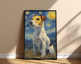 Cuadro de perro Parson Russell Terrier, Noche estrellada, arte mural, póster imprimible, arte conmemorativo, diseño digital, descarga instantánea, Día de la Adopción, Mamá, Papá