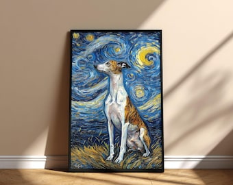 Cuadro de galgo con la imagen de la noche estrellada, póster imprimible para pared, diseño digital conmemorativo de descarga instantánea, regalo para mamá y papá para el Día de la Adopción de una Mascota.