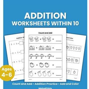 Addition Worksheets Within 10 | Preschool Math Worksheets | Kindergarten Math Practice | Count and Add Activities | Homeschool Math