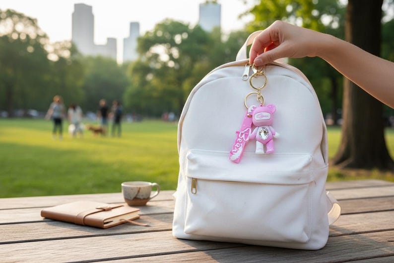 May include: A white backpack with a gold zipper, held on a wooden table. A pink bear keychain with a rhinestone is attached to the zipper. A notebook and a cup of coffee are also on the table. The background shows a park with people.