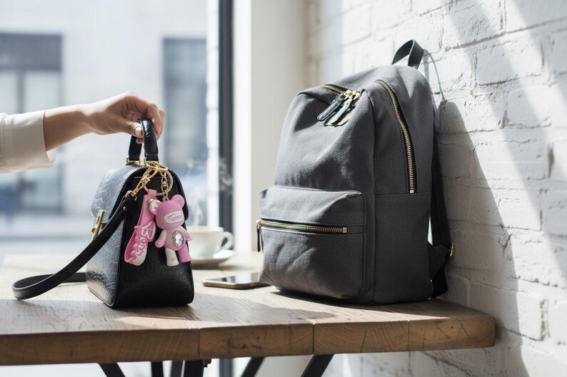 May include: A black handbag with a long strap and gold hardware is held by a person. A pink bear keychain hangs from the handle. A gray backpack with gold zippers sits on a wooden table.