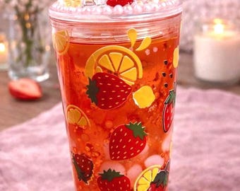 Handmade Strawberry Lemonade Lava Tumbler | Floating Fruit Ice Cup Decor