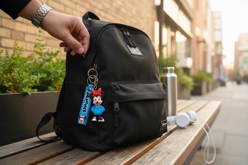 May include: Black backpack with a Minnie Mouse keychain. The keychain has a blue strap with the word "MINNIE" and a Minnie Mouse figure wearing a blue hoodie. A person's hand is opening the zipper. Headphones and a water bottle are on a wooden bench.