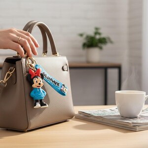 May include: A taupe handbag with a top handle and a detachable shoulder strap. A Minnie Mouse keychain hangs from the handle. A white coffee cup sits on a table next to a magazine.