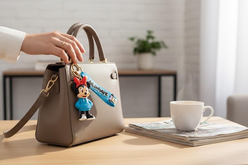 May include: A taupe handbag with a top handle and a detachable shoulder strap. A Minnie Mouse keychain hangs from the handle. A white coffee cup sits on a table next to a magazine.