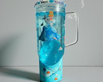 Princess Inspired Lava Snow Globe Tumbler with Handle | Blue Glitter cup| FairyTale Drinkware |