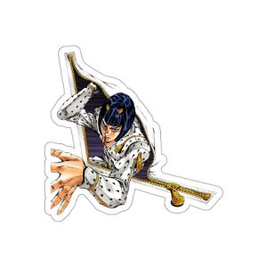 May include: A die-cut sticker featuring an anime character with dark blue hair and a white outfit with black spots, emerging from a large, open gold-coloured zipper. The character is reaching forward with an open hand, set against a dark purple background.