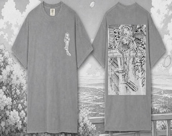 Camiseta de algodón orgánico lavado con estampado de John Rod (soporte de luz de JoJo's Bizarre Adventure) y diseño del manga Bizarre Adventure.
