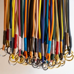 以下が含まれることがあります： 金属リングが付いたカラフルなストラップのコレクション。ストラップはオレンジ、青、緑、ピンクなど様々な色があります。各ストラップの下部には金属リングが付いています。背景はプレーンな白です。