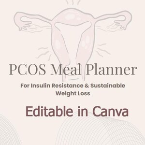 Könnte beinhalten: Beige Grafik mit dem Text "PCOS Meal Planner" und dem Slogan "For Insulin Resistance & Sustainable Weight Loss". Das Bild enthält eine stilisierte Illustration einer Gebärmutter und die Worte "Editable in Canva."