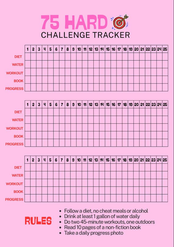 75 Hard Challenge Tracker Printable | 75 Day Fitness & Habit Tracker | Pink Daily Progress Checklist | Instant Download PDF