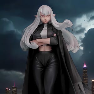 May include: A figurine of a female character with long white hair, wearing a black outfit, including a cape with a jagged edge. The figure is standing on a white platform, with a city skyline in the background.