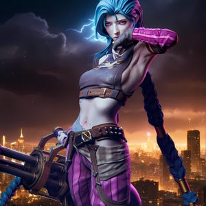 Puede incluir: Ilustración digital de un personaje femenino con cabello azul, que lleva una camiseta gris, pantalones a rayas moradas y rosas y un cinturón marrón. Sostiene un arma grande con un fondo de paisaje urbano y un rayo.