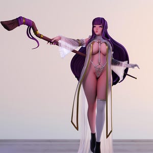 May include: A 3D-rendered figurine of a female character with long purple hair, wearing a white and gold outfit. She is holding a staff with a broom-like end. The figure is posed in a dynamic stance, with a flowing white fabric trailing behind.