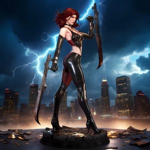 May include: A digital art illustration of a female warrior figure with red hair, clad in black and red attire, holding two large swords. The background features a cityscape with lightning.