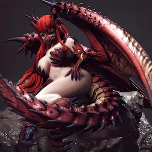 May include: A detailed figurine of a female dragon with red hair, horns, and wings. The figure is posed in a seated position, with intricate details on the dragon's scales and claws. The color palette includes shades of red, black, and white.