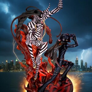 May include: A dynamic figurine set featuring two figures. One figure is clad in black and white zebra stripes, while the other is in black attire. The figures are set against a backdrop of a city skyline, with lightning and sparks.