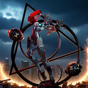 May include: A futuristic female figure in a bodysuit with robotic enhancements, set against a cityscape and dark sky. The figure is surrounded by geometric shapes and glowing orbs, with a red weapon attached to the back. The overall theme is science fiction.