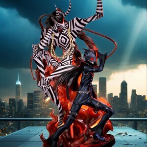 May include: A detailed figurine featuring a character in a black and blue outfit with red accents, posed dynamically atop a fiery base. A black and white striped figure looms behind, with a cityscape backdrop under a dramatic sky.