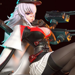 May include: A detailed anime-style figurine of a character in a military-inspired outfit. The figure features a black and red uniform, a white skirt, and a hat. The character has long white hair and is holding a weapon.