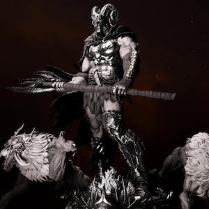 May include: A grayscale sculpture of a warrior figure with a horned helmet, holding a spear, standing atop a detailed base with two beastly figures. The warrior is clad in armor and a cape, with intricate detailing.