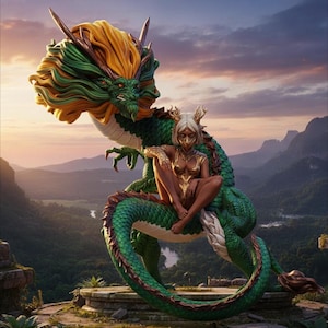 May include: A fantasy image of a green and gold dragon with a woman in gold armor sitting on its back. The dragon has a flowing mane of yellow hair and is set against a backdrop of mountains and a sunset.